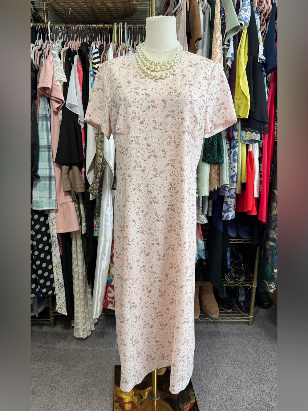 VTG Pendleton Pink Ditsy Floral Shift Dress Short Sleeve Midi Lined 100% Poly 10